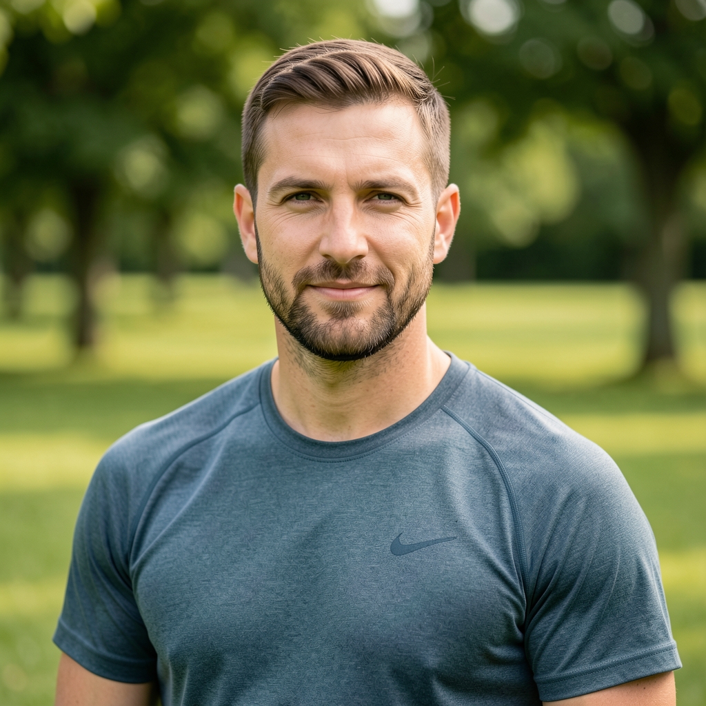 Outdoor portrait of a man in his mid-thirties in casual sportswear against a green park background, relaxed posture, natural daylight