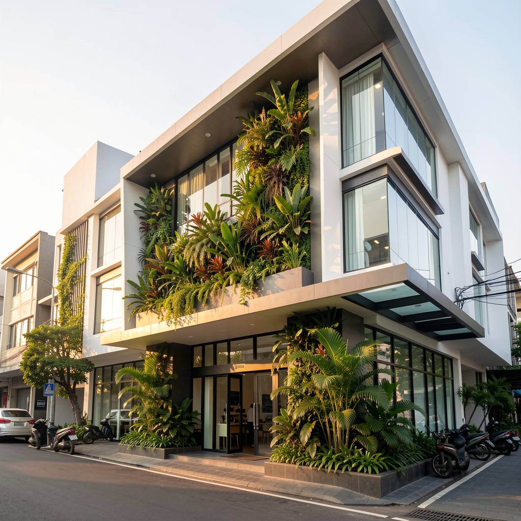 Jakarta street-level view of a modern co-working office building facade with lush tropical plant installation, clean lines, late afternoon warm light