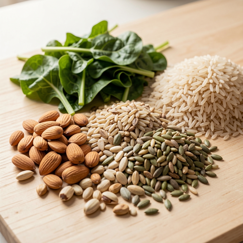 Close-up arrangement of whole-food mineral sources including nuts, seeds, leafy greens and brown rice on a clean wooden surface with natural daylight