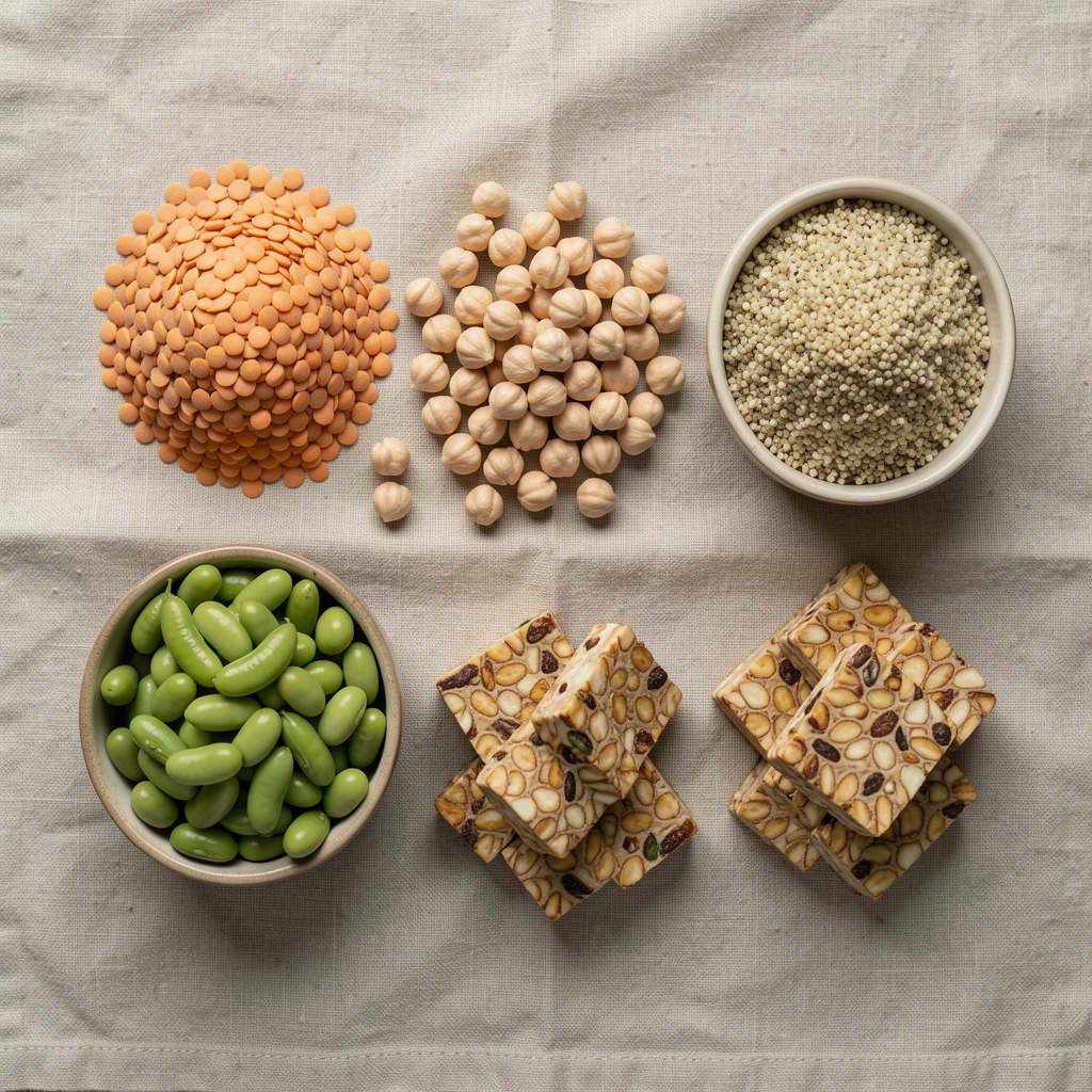 Flat lay of protein-rich plant foods including lentils, chickpeas, edamame, tempeh and quinoa arranged neatly on a linen cloth with natural side lighting