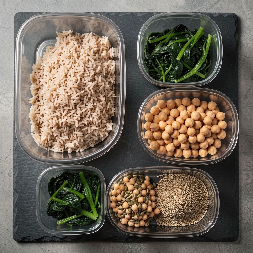 Overhead studio shot of a weekly meal prep layout with portions of brown rice, steamed greens, chickpeas and seeds arranged in containers on a slate surface